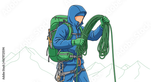 Climber Preparing With Rope Against Mountain Visual Depiction For Adventure Concept