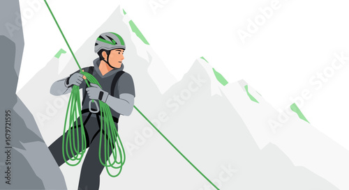 Climber rappelling down a mountain cliff, vector illustration of a climber