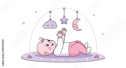 Cute baby illustration in a nursery room with toys and a mobile design for toddlers