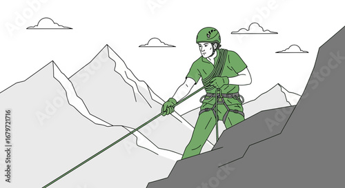 Climber Scaling Rock Face With Safety Gear, Vector Illustration, Mountainous Backdrop