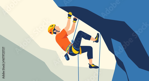 Climber Scaling Mountain Cliff Face With Safety Gear Achieving Adventure Success