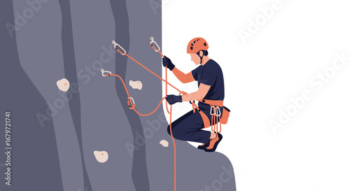 Climber Scaling Rocky Wall In Action Focused On Ropes And Safety Gear Adventure Sports