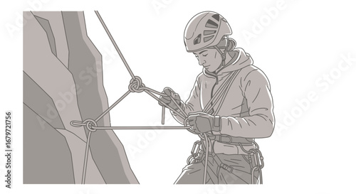 Climber Securing Rope and Harness Preparing for a Challenging Rock Ascent Activity