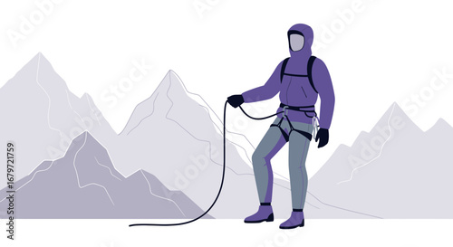 Climber with rope and harness on a mountain landscape vector illustration