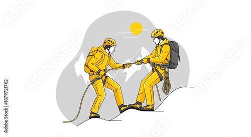 Climbers Ascending A Majestic Mountain, Utilizing Ropes, Achieving Peak Together Seamlessly