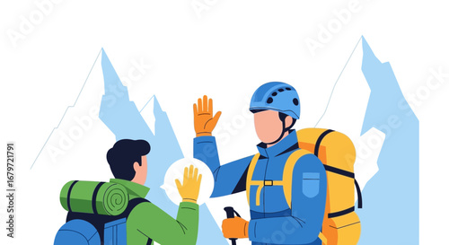 Climbers Celebrating High Five Amidst a Majestic Mountain Landscape Together