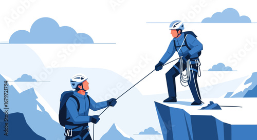 Climbers Assisting Each Other Ascending Mountain Using Rope Achieving Success Against Terrain