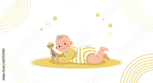 Cute baby playing with a rattle in a minimalist yellow and white illustrated scene