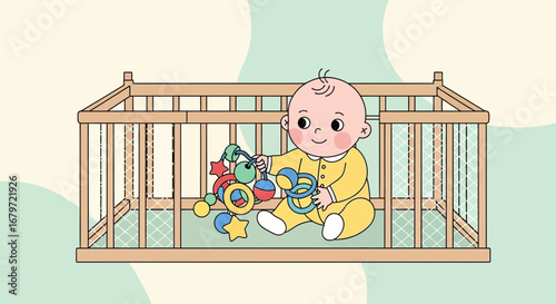 Cute baby playing with a toy in a crib, happy infant and childhood concepts