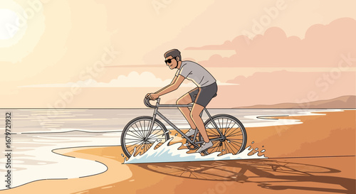 Coastal Cycling Adventure: A Person Enjoys Riding Bicycle Along The Seaside At Sunrise