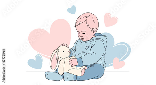 Cute baby playing with bunny toy surrounded by hearts illustration on a white background