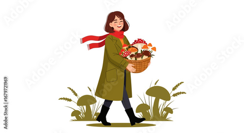 Collecting Mushrooms In The Forest: Illustration of A Smiling Woman With A Basket