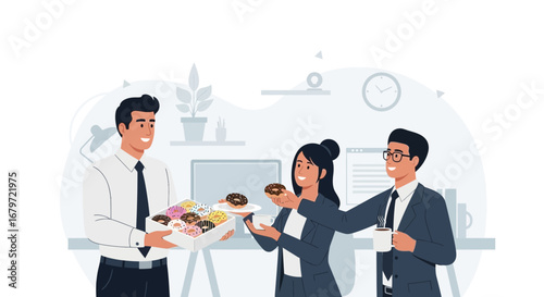 Colleagues Sharing Donuts During a Break in the Workplace Demonstrates Teamwork and Friendship
