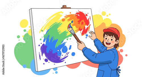 Colorful Art Creation: A Joyful Painter Bringing Vibrant Images To Life On Canvas