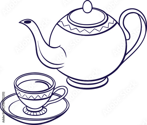 Elegant teapot with teacup line art illustration. Minimal black and white drawing for tea, cafe, or kitchen decor themes. Classic beverage sketch artwork design.