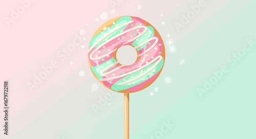 Colorful Illustrated Donut on a Stick with Sprinkles Against Pastel Background