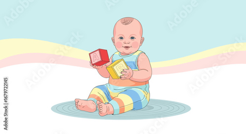 Cute baby plays with abc blocks, child development and early learning concept