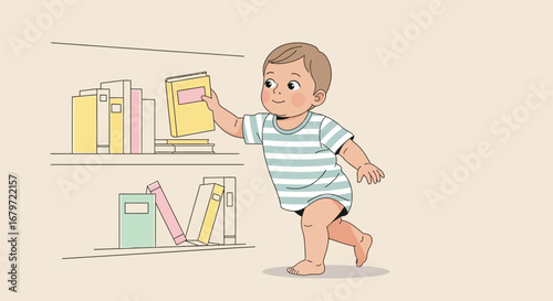 Cute baby reaching for a book from a shelf, cartoon illustration, learning concept