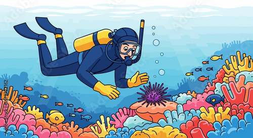 Colorful illustration of a scuba diver exploring a vibrant coral reef underwater, cartoon