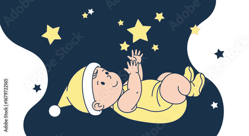 Cute baby reaching for stars in a dreamlike illustration with a night sky