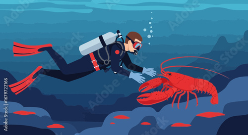 Colorful illustration of scuba diver interacting with a big lobster in an underwater scene