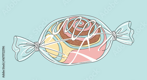 Colorful pastry wrapped in cellophane on a light blue background illustration