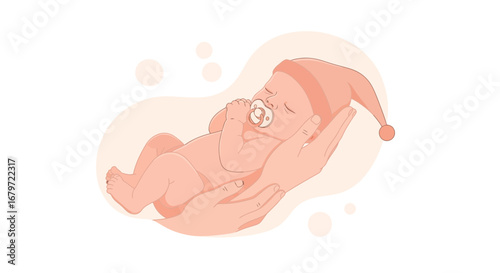 Cute baby sleeping soundly held gently in caring hands illustration on white background