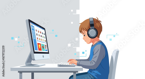 Concentrated Child Engaged With Computer, Headphones, Desk, Keyboard, And Modern Design