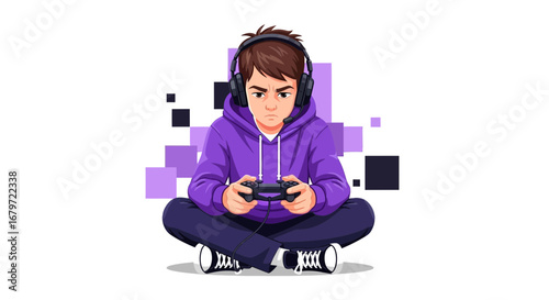 Concentrated Gamer In Purple Attentively Engaging With Video Games On White Background