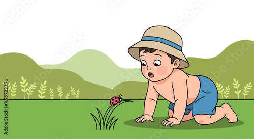 Cute baby watching a ladybug in nature looking curious and amazed with his hat on