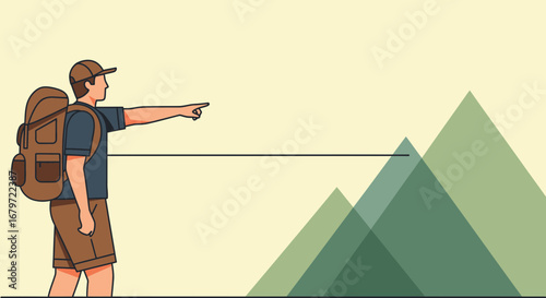 Conceptual Illustration Of Hiker Pointing Towards A Mountain Range During Adventure