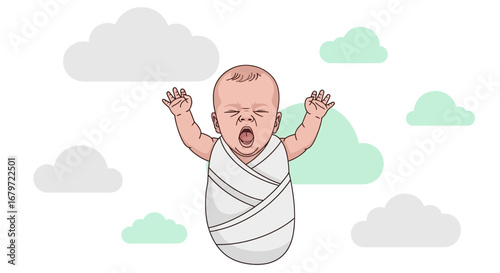 Cute baby yawning with swaddling on a white background with sky and clouds