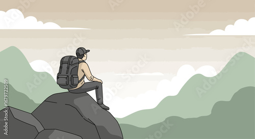Contemplative Hiker on Mountain Peak Observing Vista During Daytime, Serene Landscape View