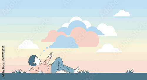 Contemplative Person Gazing At Floating Cloud Shapes in a Serene Sky Scenery