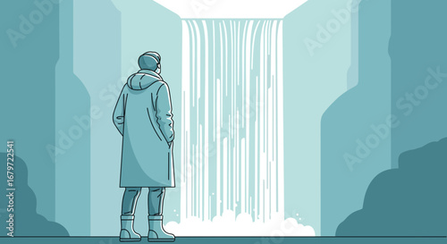 Contemplative Figure Admiring the Majestic Cascade In a Minimalist Graphic Scene