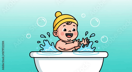 Cute Cartoon Baby Enjoying a Water Bath in a Tub with Bubbles and Splashing Water