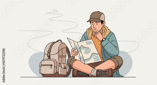 Contemplative Traveler Reviewing Map With Backpack Preparred For Adventure Expedition