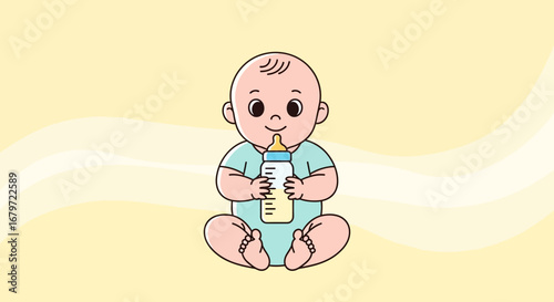 Contented Infant Nourishes Itself With Formula From Bottle On A Soft Pastel Background