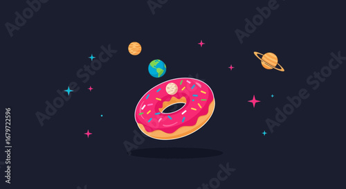Cosmic Delight: A Donut Floating Amongst Planets and Colorful Celestial Bodies