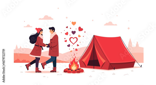 Couple Enjoying A Romantic Camping Experience By The Fire With Hearts Around