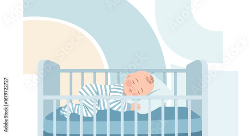 Cute cartoon baby sleeping in a crib with pastel colors and a peaceful atmosphere