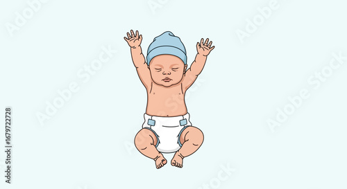 Cute Cartoon Baby Sleeping Peacefully with Hands Raised Up in a Blue Hat