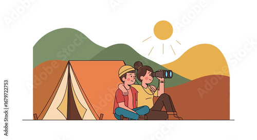 Couple enjoying camping adventure, exploring nature with binoculars near the tent in the mountains