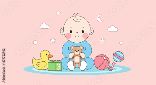Cute cartoon baby with toys on a pink background, perfect for children related projects