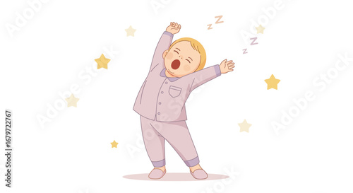 Cute cartoon baby stretching and yawning after waking up from a good night's sleep