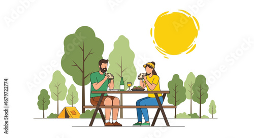 Couple enjoying a picnic outdoors with food and drinks on a sunny day in the park