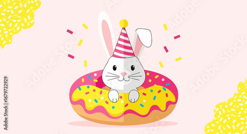 Cute cartoon bunny with a party hat surrounded by a donut and sprinkles for celebration