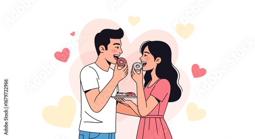 Couple Enjoying Delicious Doughnuts and Sharing Affectionate Moments in Sweet Harmony