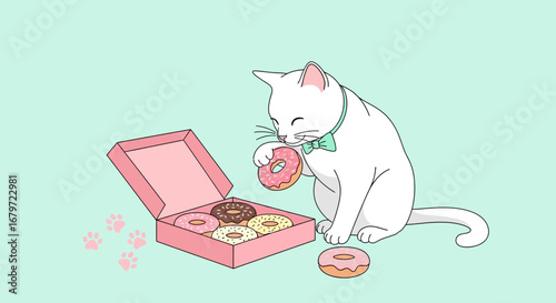 Cute Cartoon Cat Enjoying a Donut from a Pink Box with Paw Prints on a Pastel Background