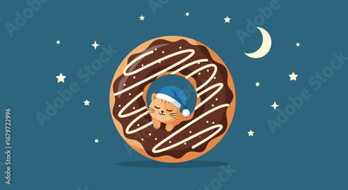 Cute cartoon cat sleeping inside a sweet donut under the starry night sky